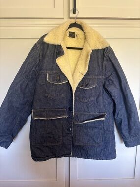 VTG Sears Roebucks Denim Jacket Mens 46R Trucker Coat Sherpa Lined